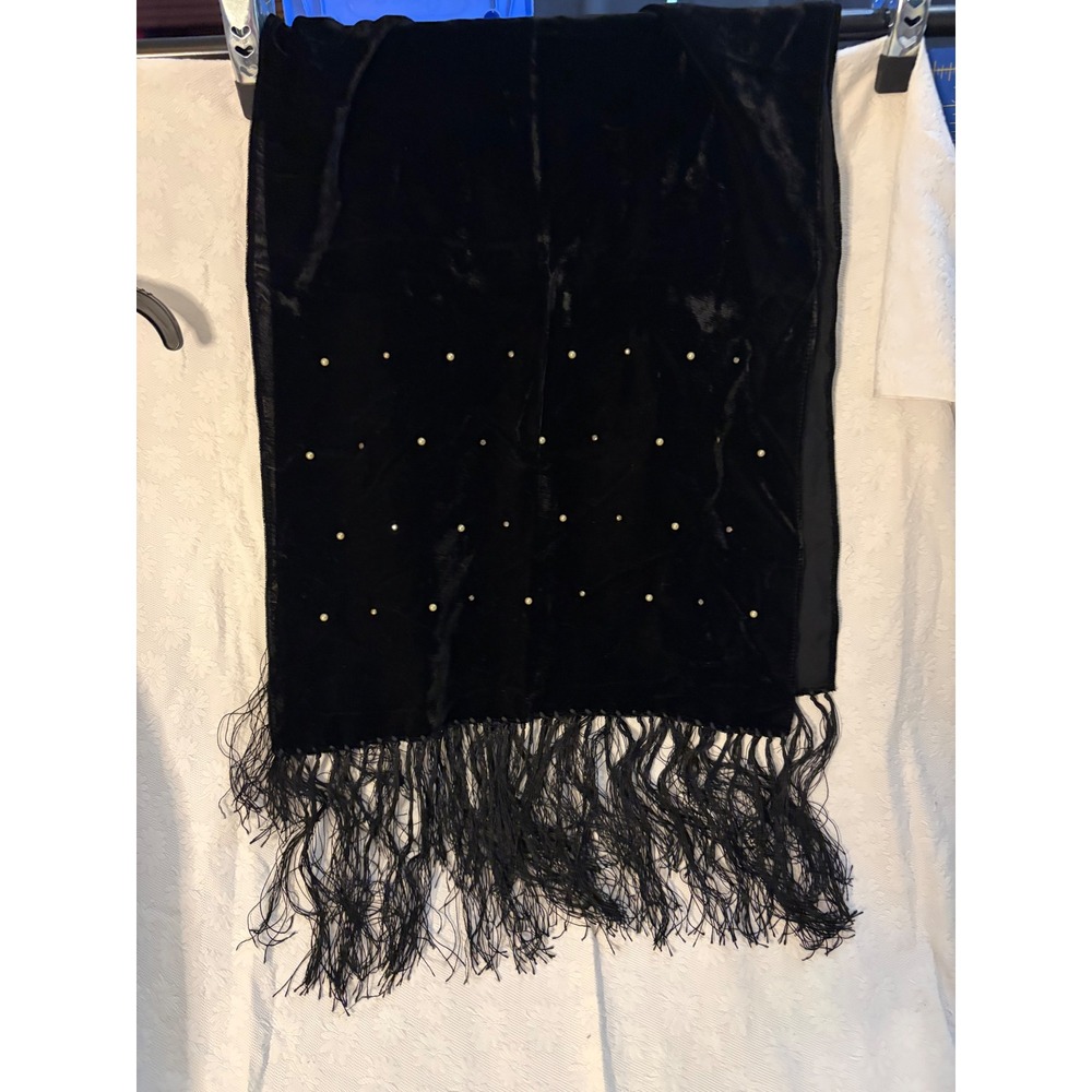 Vintage Black Velvet Whimsigoth Pearl Studded Fringe Evening Scarf Boho Glamor